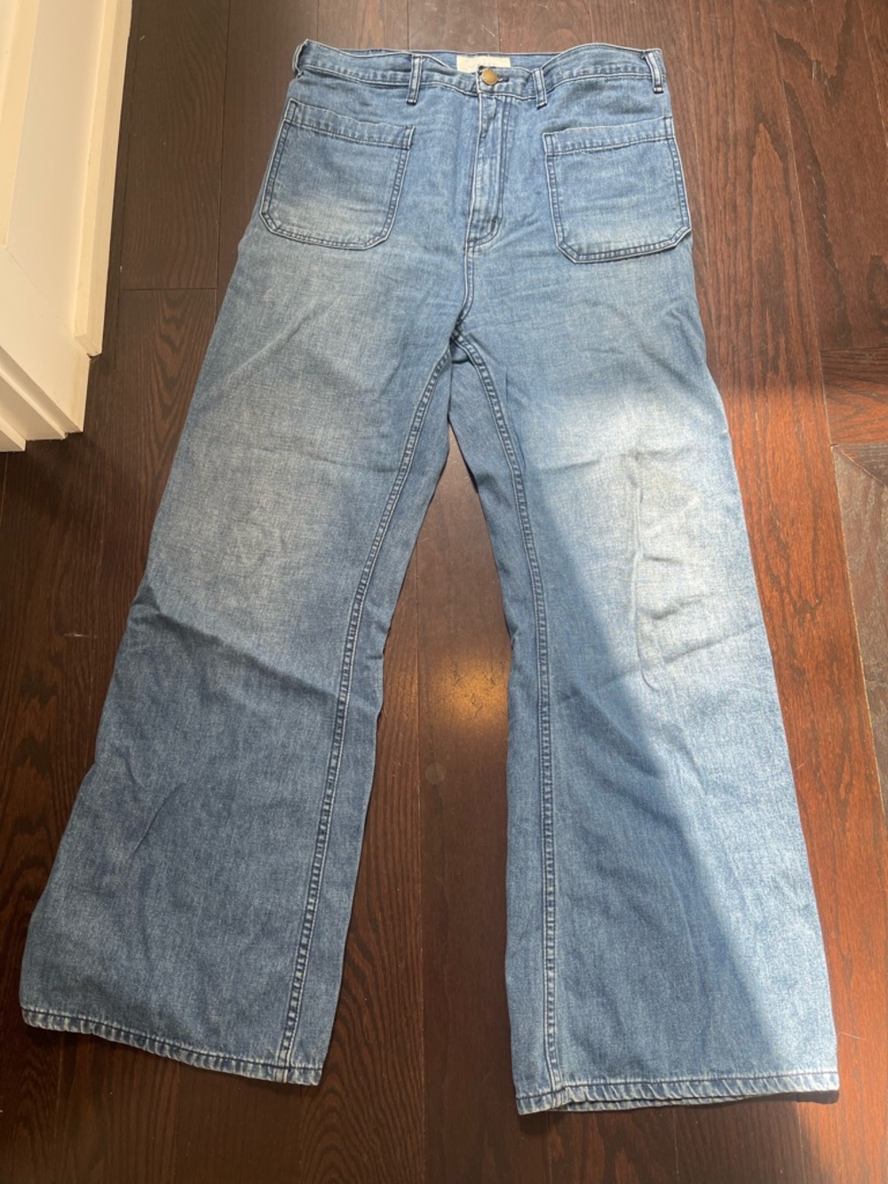 THE GREAT. Light Blue Wide-Leg Patch-Pocket Jeans